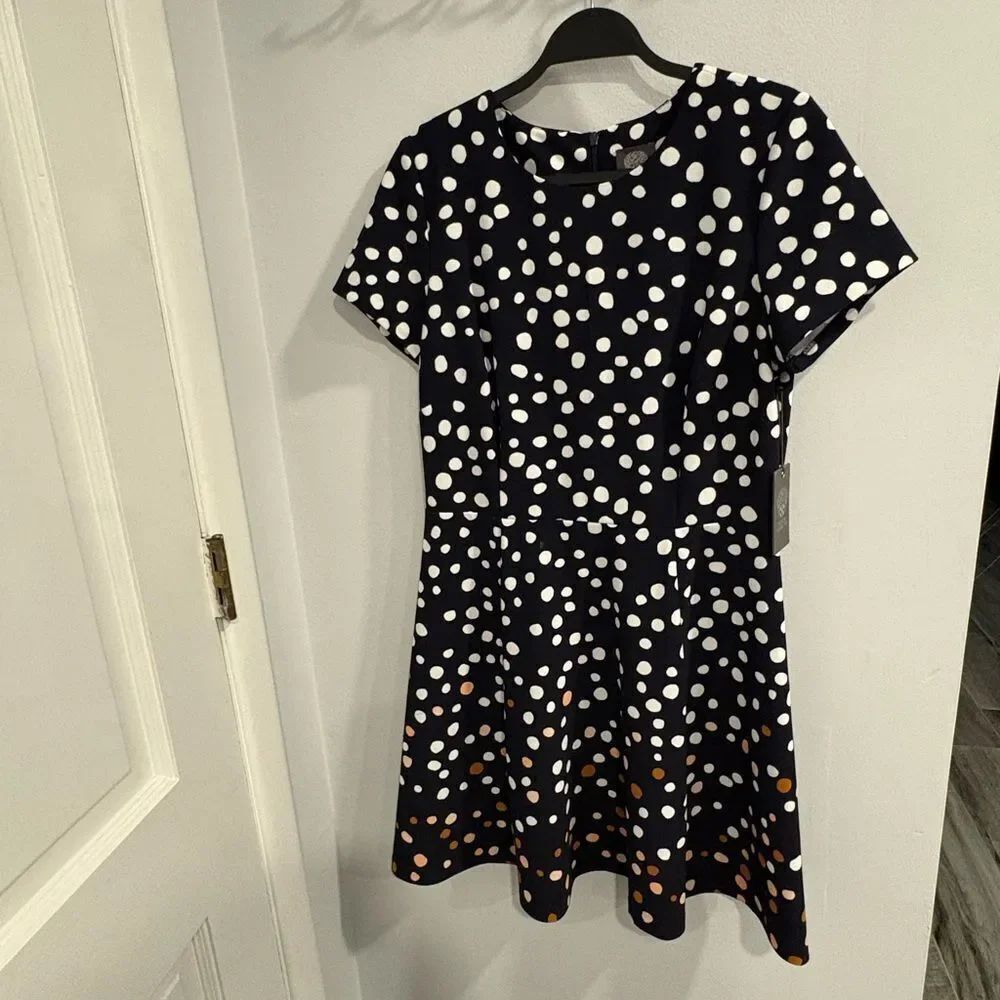 Vince Camuto Navy and White Classic Polka Dot Midi Dress